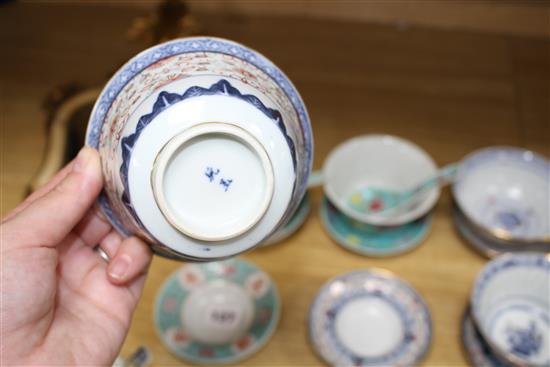 Six Chinese porcelain bowls, eight stands, three spoons and a candle holder, second half 20th century, largest bowl 10.2cm diameter